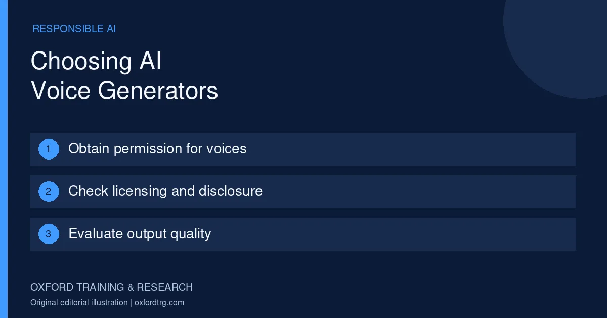 Choosing AI Voice Generators: Obtain permission for voices; Check licensing and disclosure; Evaluate output quality.