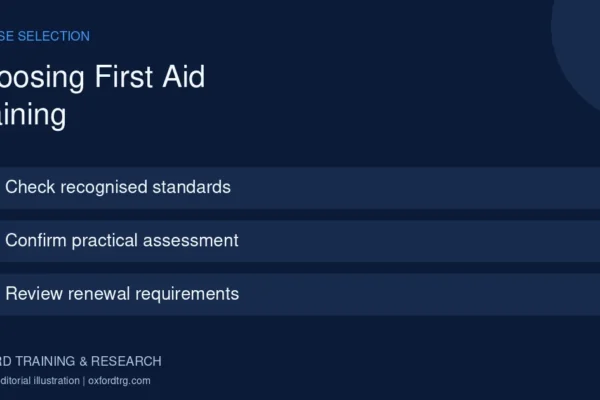 Choosing First Aid Training: Check recognised standards; Confirm practical assessment; Review renewal requirements.